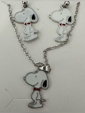 Snoopy Pendant Necklace and Earring Set - White and Red Accents enamel
